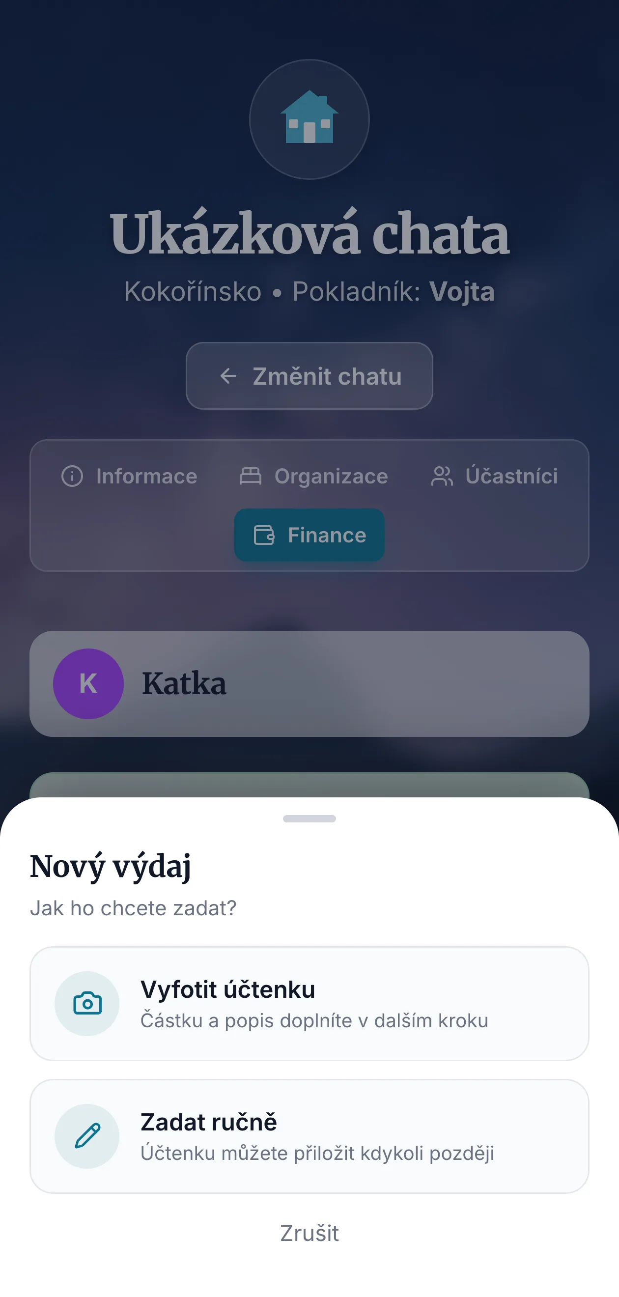 Volba mezi vyfocením účtenky a ručním zadáním