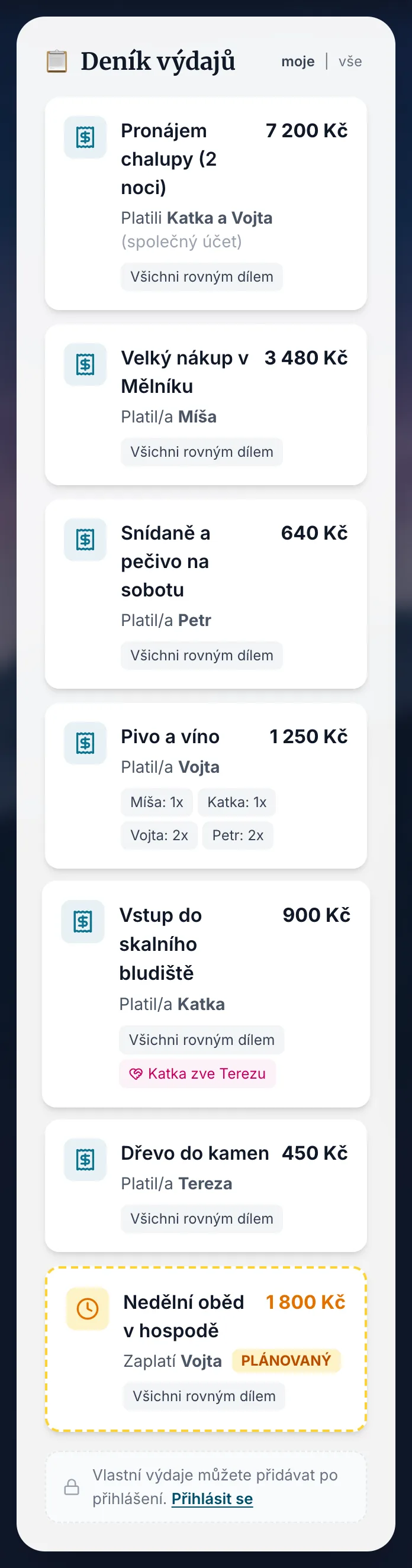 Deník výdajů s kartami jednotlivých výdajů