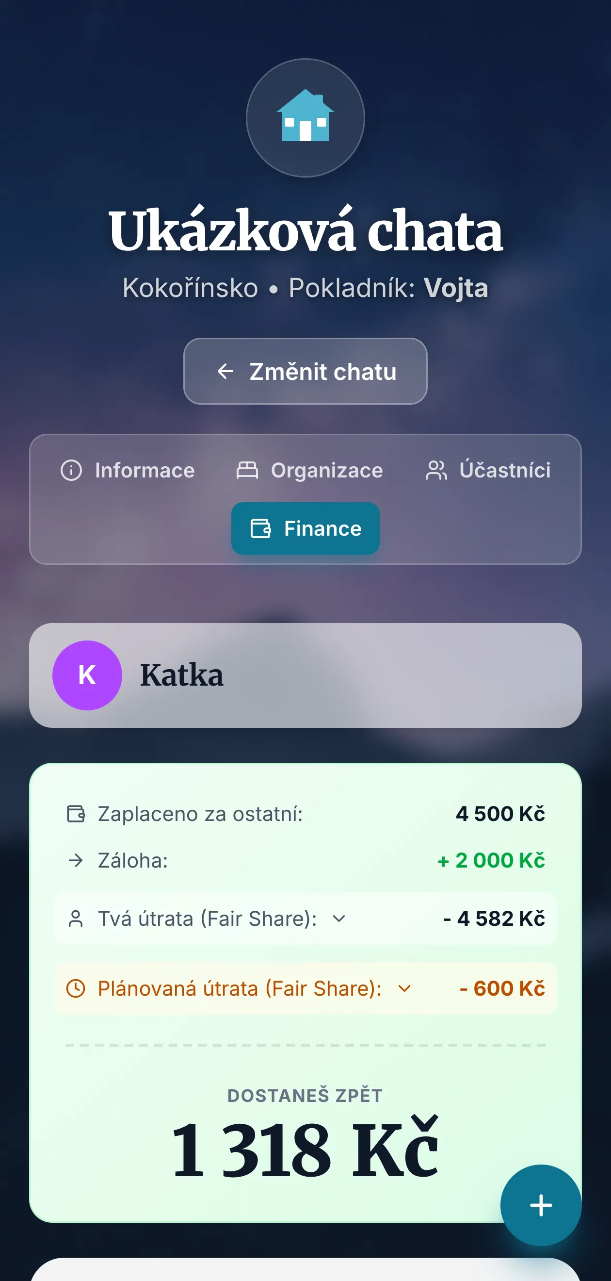 Kulaté tlačítko pro přidání výdaje na mobilu