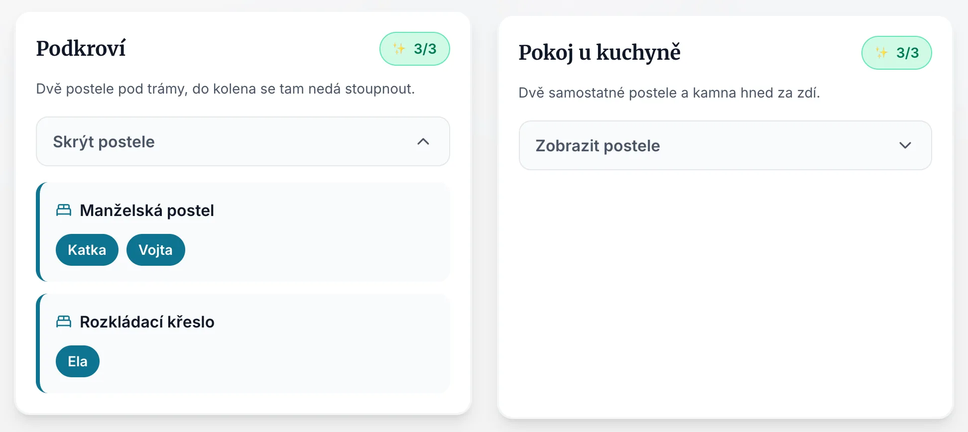 Pokoje s počtem lůžek a tlačítkem Zobrazit postele
