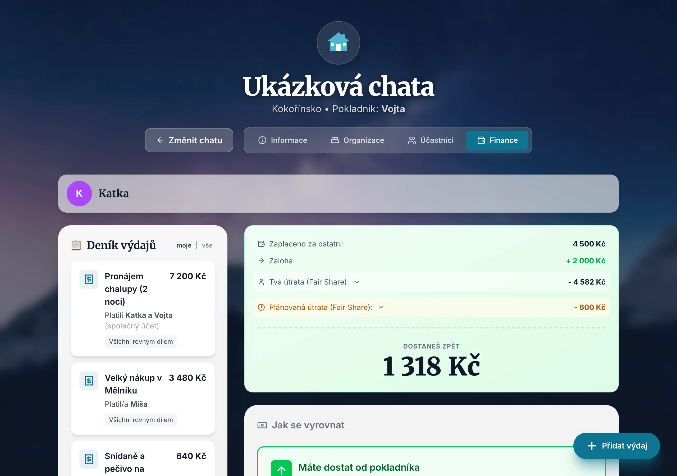 Finance přihlášeného účastníka s tlačítkem Přidat výdaj