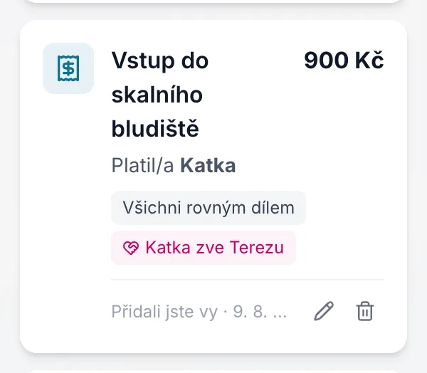 Vlastní výdaj s patičkou „Přidali jste vy“ a odkazy Upravit a Smazat