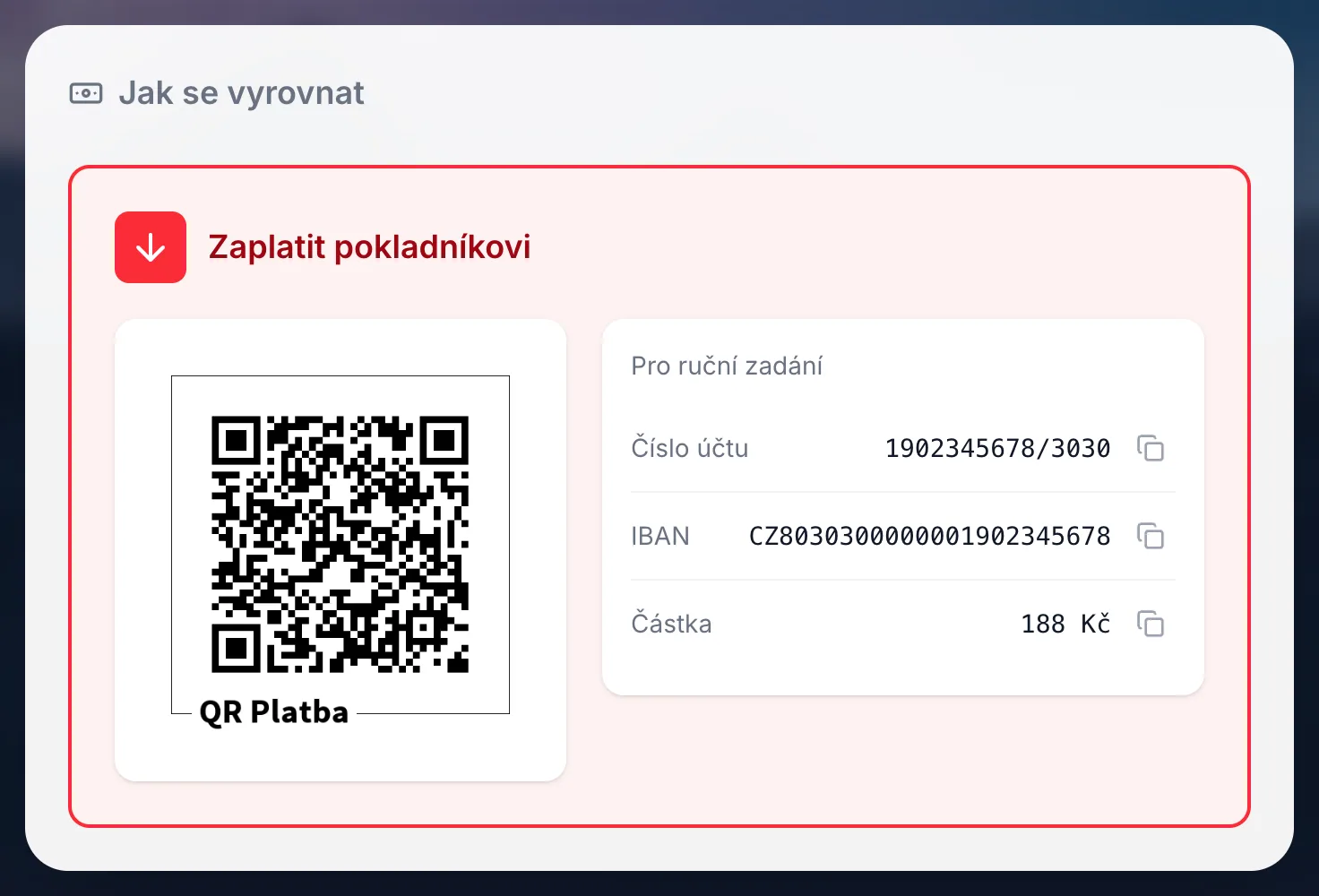 Vyrovnání s QR kódem a číslem účtu pokladníka